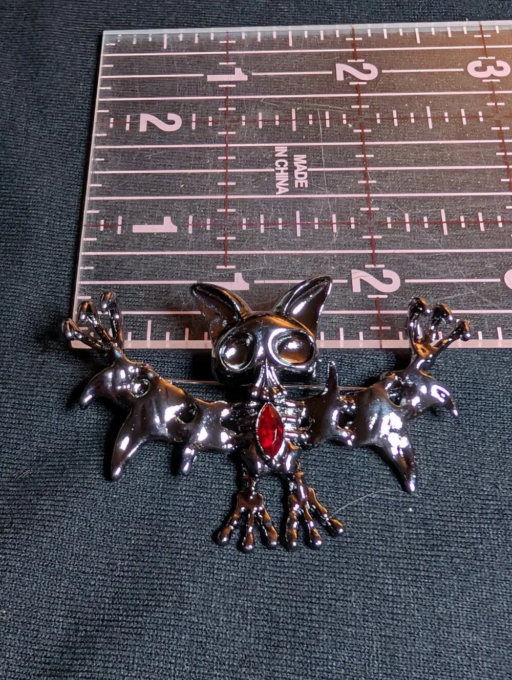 Bat Brooch Pin with Red Accent